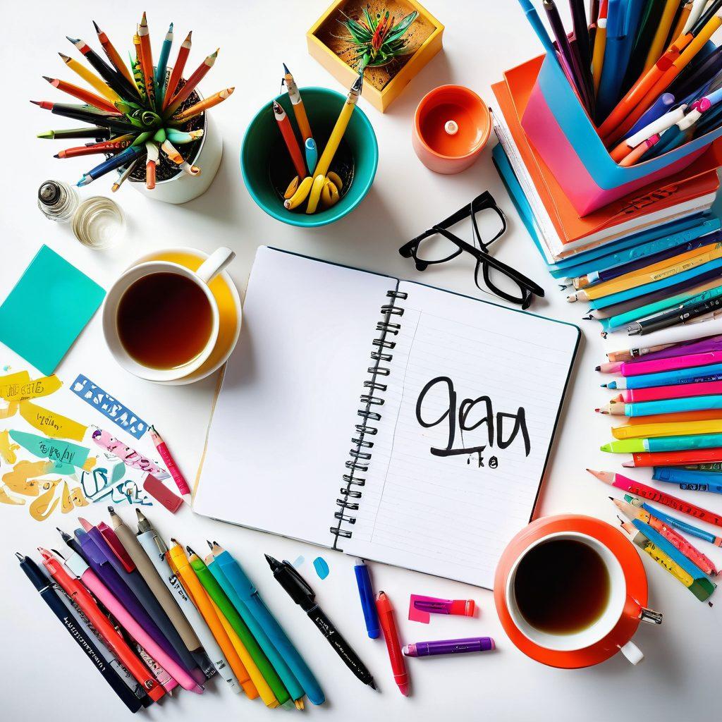 A whimsical desk cluttered with colorful writing tools like pens and notebooks, surrounded by floating letters and creative symbols representing grammar and creativity. A warm light illuminates a book on writing tips, while a cup of tea adds a cozy touch. The background features abstract shapes, inspiring quotes, and splashes of color to evoke creativity. super-realistic. vibrant colors. white background.