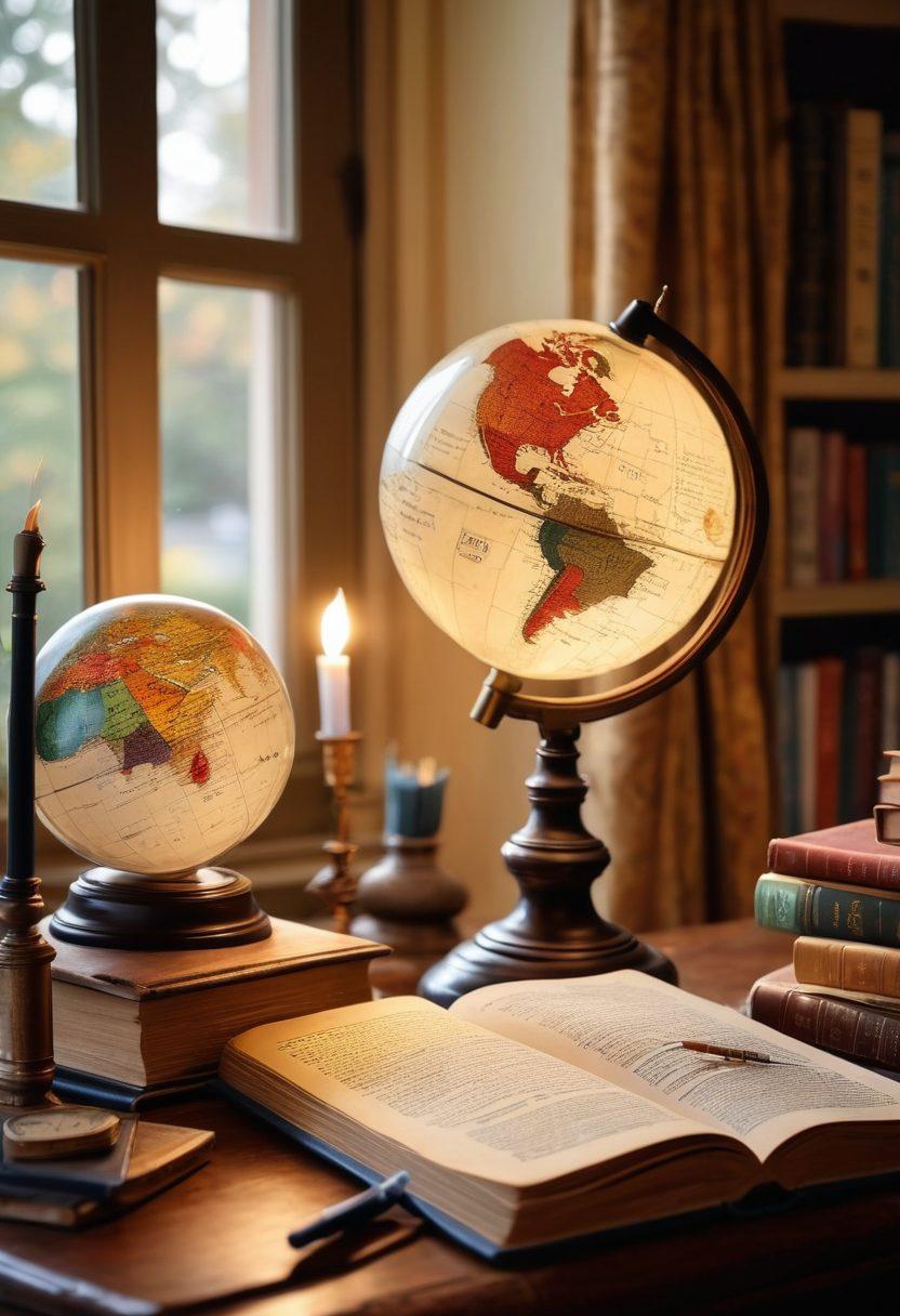 An open book with flowing pages, depicting English vocabulary and grammar rules coming to life as colorful, animated words and phrases. In the background, a serene study setting with a globe, quill, and ink pot for writing inspiration. A light bulb symbolizes creativity above the book, radiating ideas around. Vibrant colors, inviting atmosphere, and a sense of learning. super-realistic. vibrant colors. cozy interior.
