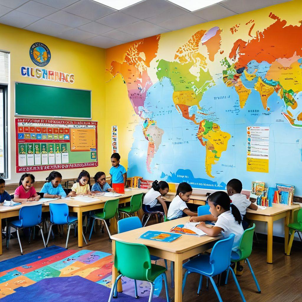 An inviting and colorful classroom scene filled with diverse children engaged in various language development activities. Include resources like books, flashcards, and educational games scattered around. Showcase a world map on the wall with different languages represented. Capture the joy and curiosity in the children's expressions. bright colors. super-realistic. educational theme.